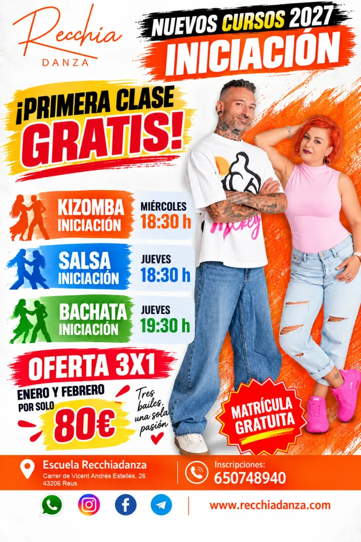 Nuevos cursos 2027 de iniciación en RecchiaDanza. ¡Primera clase gratis! Kizomba iniciación, miércoles a las 18:30; salsa iniciación, jueves a las 18:30; bachata iniciación, jueves a las 19:30. Oferta 3x1: enero y febrero por solo 80 €. Matrícula gratuita. Inscripciones: 650 748 940.